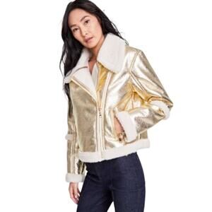 INC International Concepts Women's Cropped Metallic Aviator Jacket in Gold